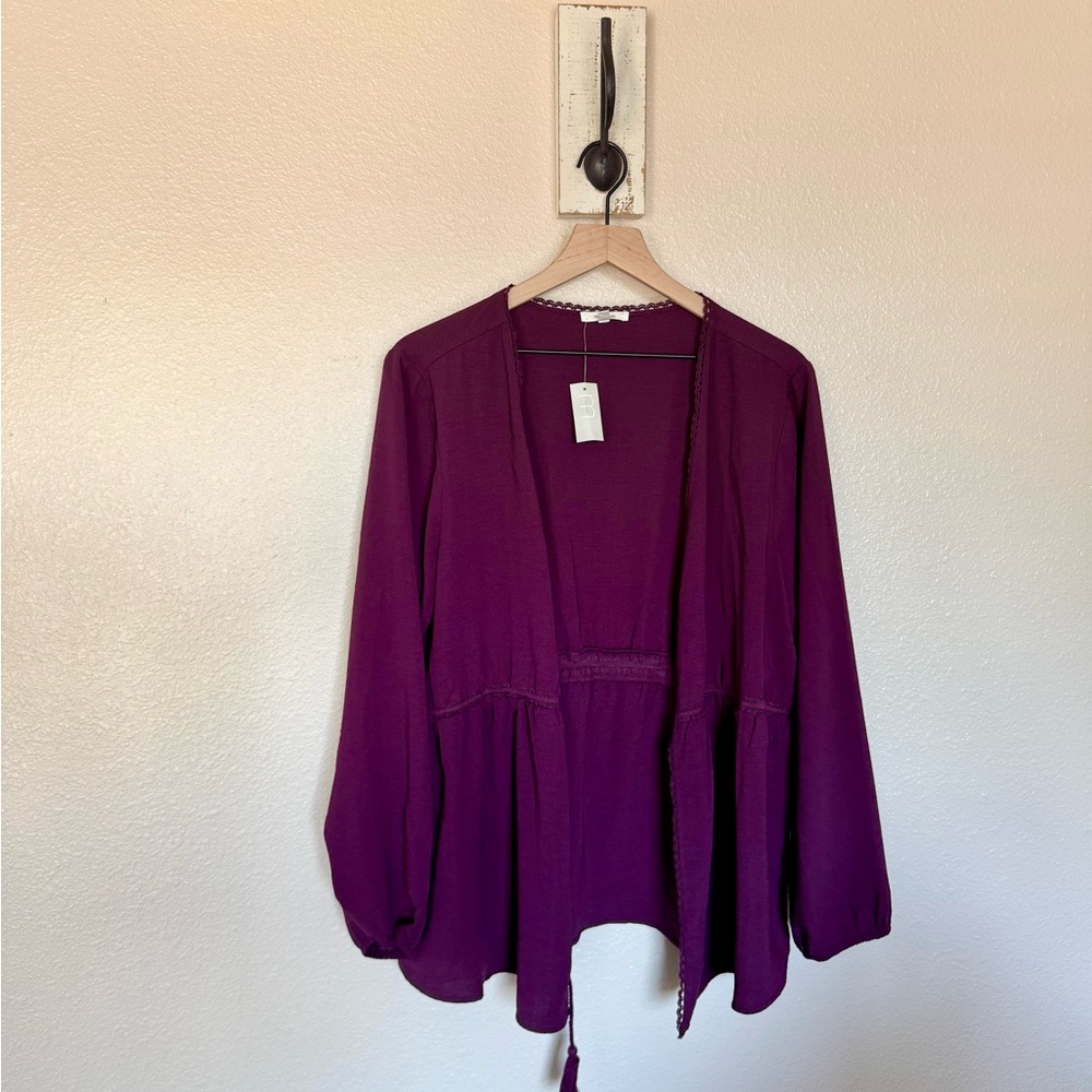Maurices Purple Bishop Sleeve Blouse with Tie Front